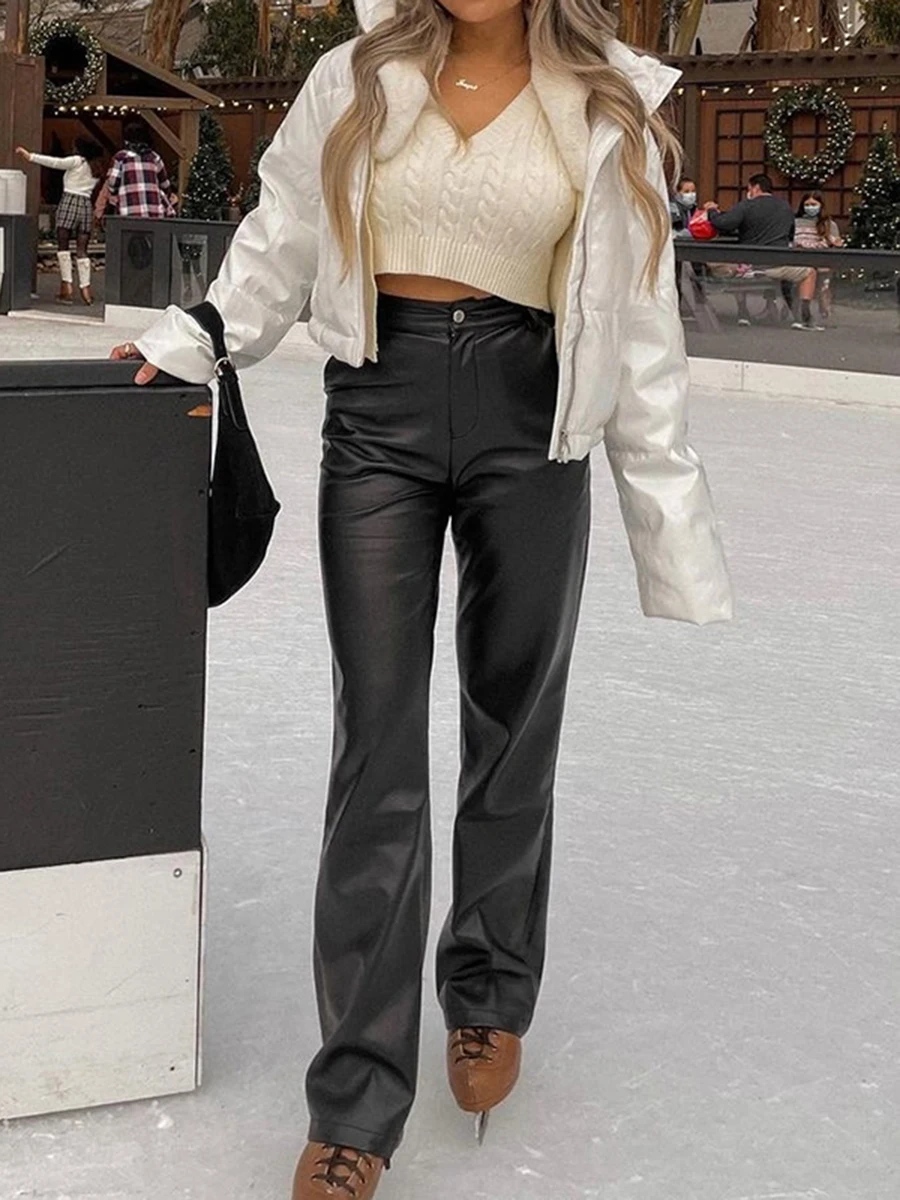 

Women's Vintage High Waist Solid Color Straight Leg Pants Spring Autumn Casual Street Faux Leather Pants White/Black