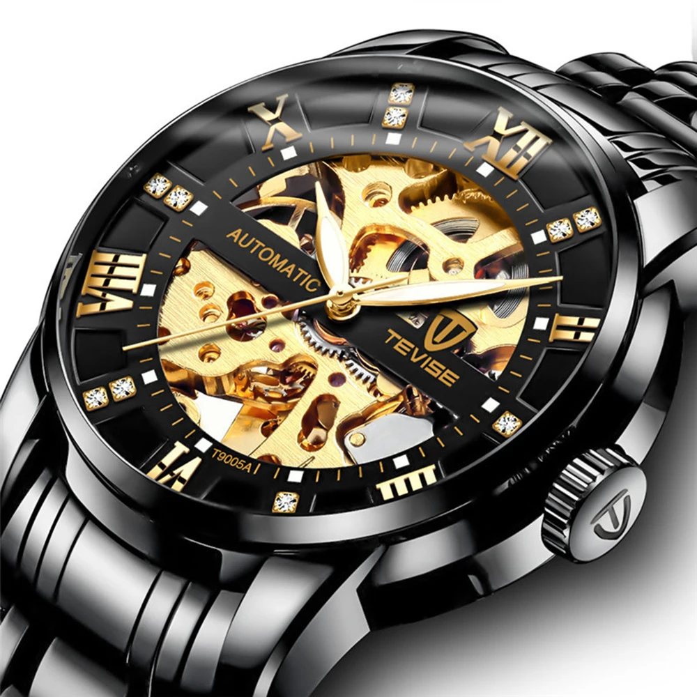 Luxury Automatic Men's Watch with Black Gold Skeleton Design and Diamond Dial