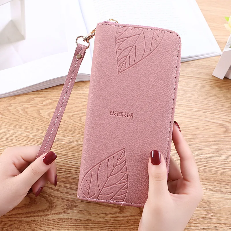 

Womens Wallets and Purses PU Leather Wallet Female Wristband Leaf Print Long Women Purse Large Capacity Phone Bag let Money Bag