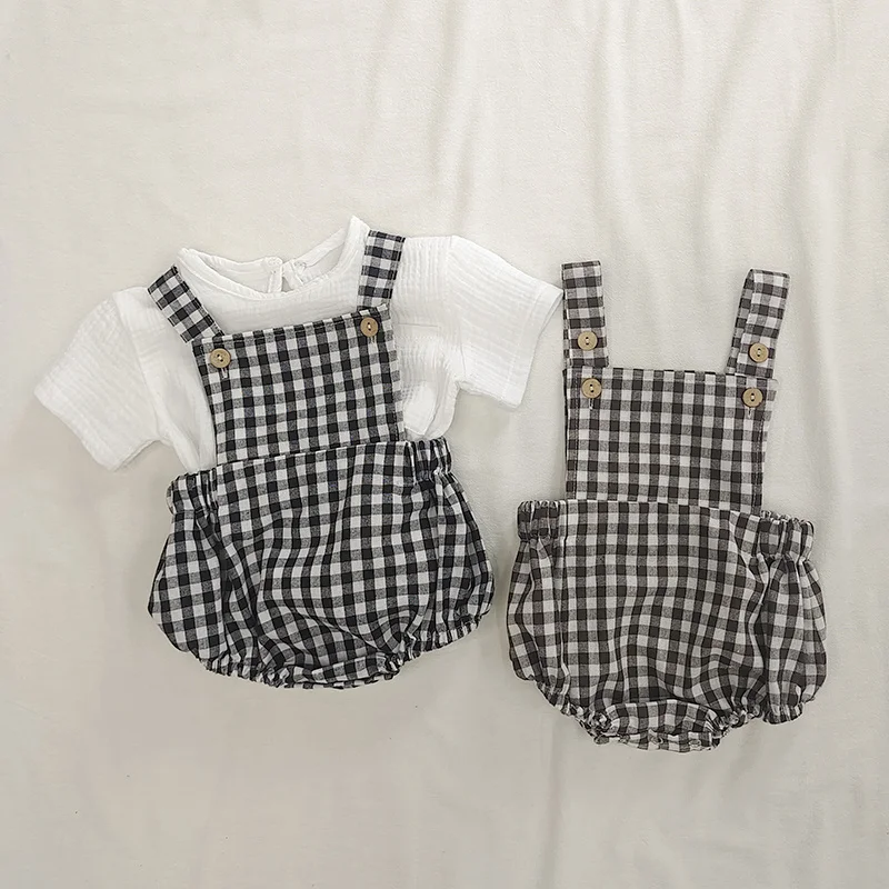 2pcs/set Summer Baby Clothes Baby Boys Girls White T Shirt + Plaid Strap Pants Rompers Toddler Fashion Jumpsuit Clothing Set Baby Clothing Set best of sale