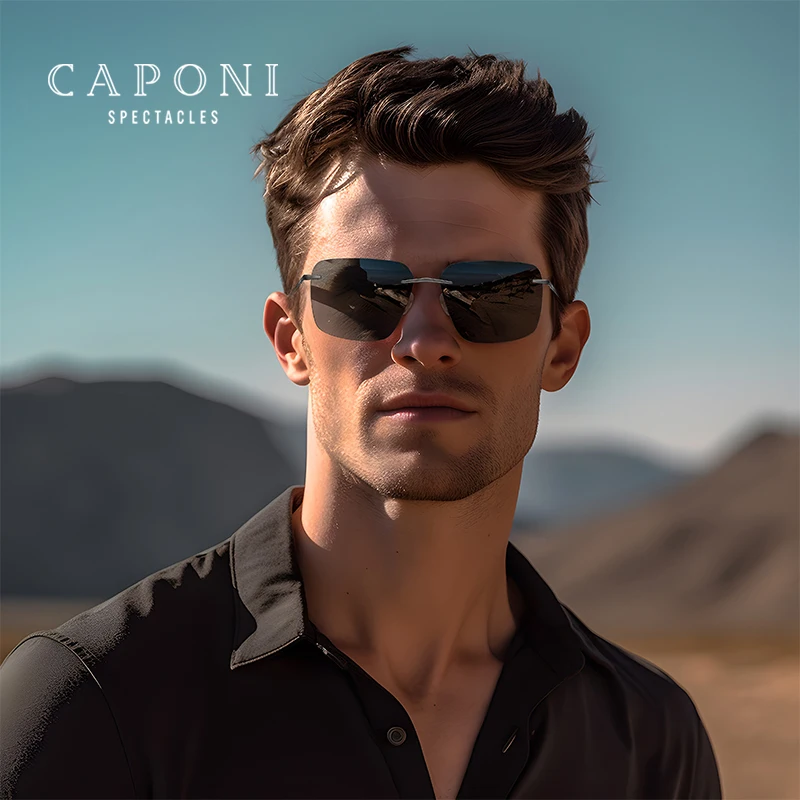 CAPONI Pure Titanium Photochromic Sunglasses Rimless Polarized Driving Men's Sun Glasses UV400 BS28923