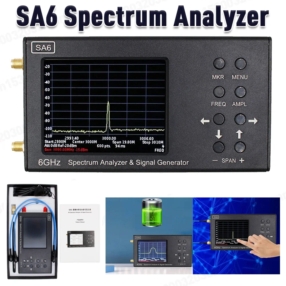 스펙트럼 분석기 및 신호 발생기, SA6, 35-6200MHz, 3.2 인치 스크린 PC 제어, WiFi 2G 4G LTE CDMA GSM용 설계, 6GHz