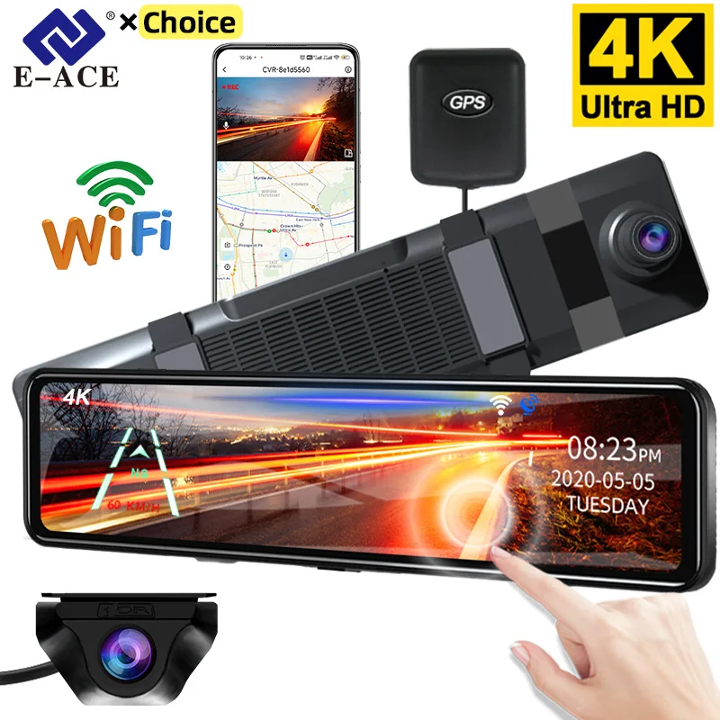 4K GPS WIFI Touch 12 Inch Car DVR 24h Ultra HD 3840*2160P Night Vision Rearview Mirror  Sony Rear Camera Dash Cam Intelligent Sy