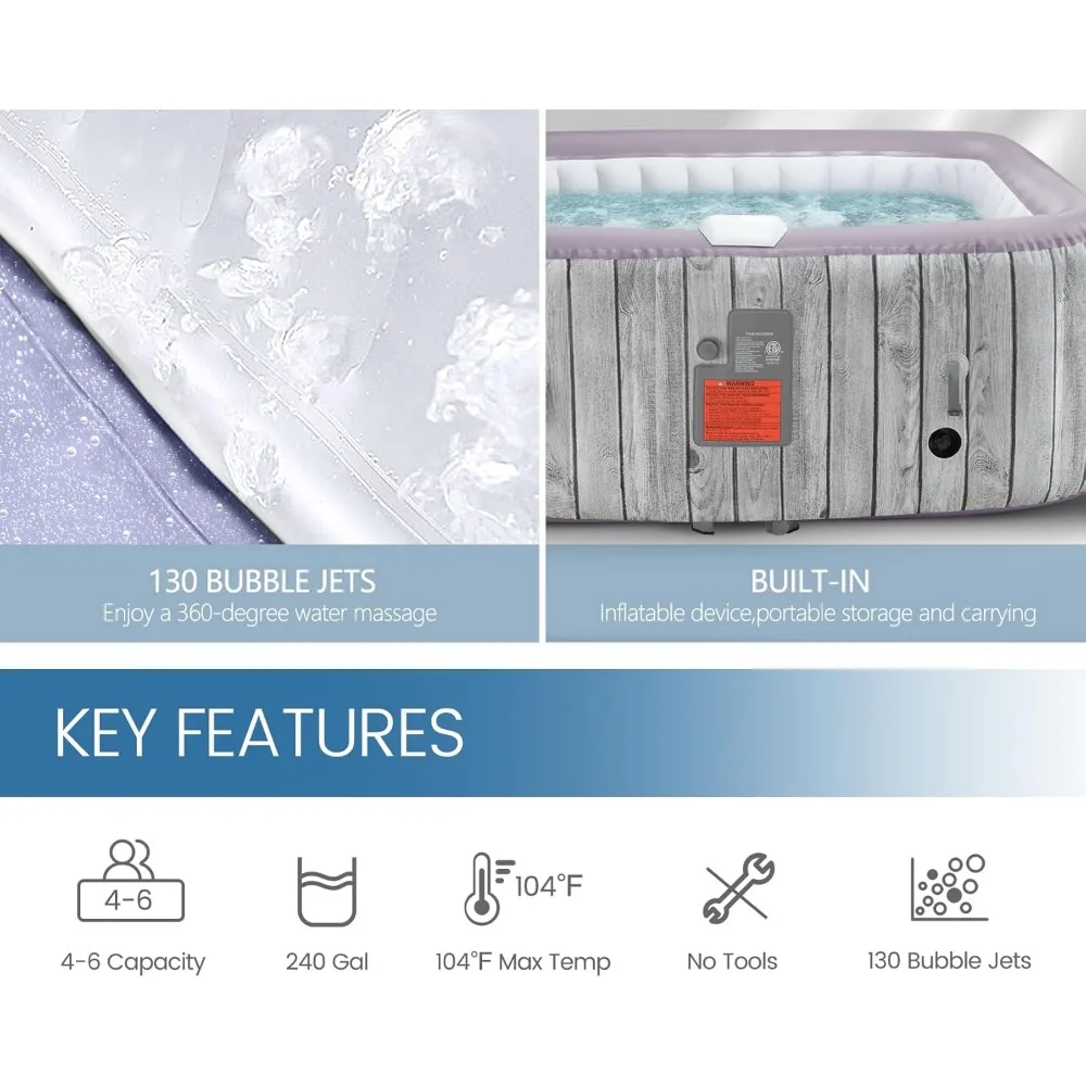 Inflatable hot tub with 130 air jets, quick filling system and insulation cover, portable hot tub for outdoor spa treatment 2