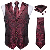 Designer Men's Suit Vest Red Paisley Wedding Party Silk Waistcoat Neck Tie Handkerchief Cufflinks Gilet Men Clothing DiBanGu 1