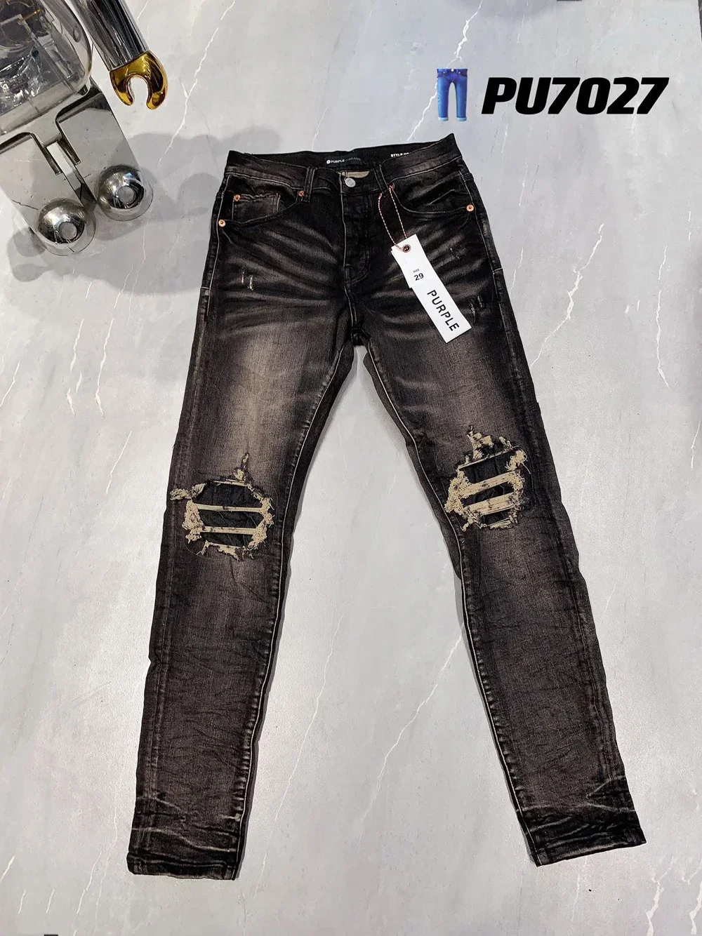 

Arrival Purple Brand Men's High Street Black Denim Slim Fit Washed Damaged Destroyed Hole Stretch Ripped Jeans