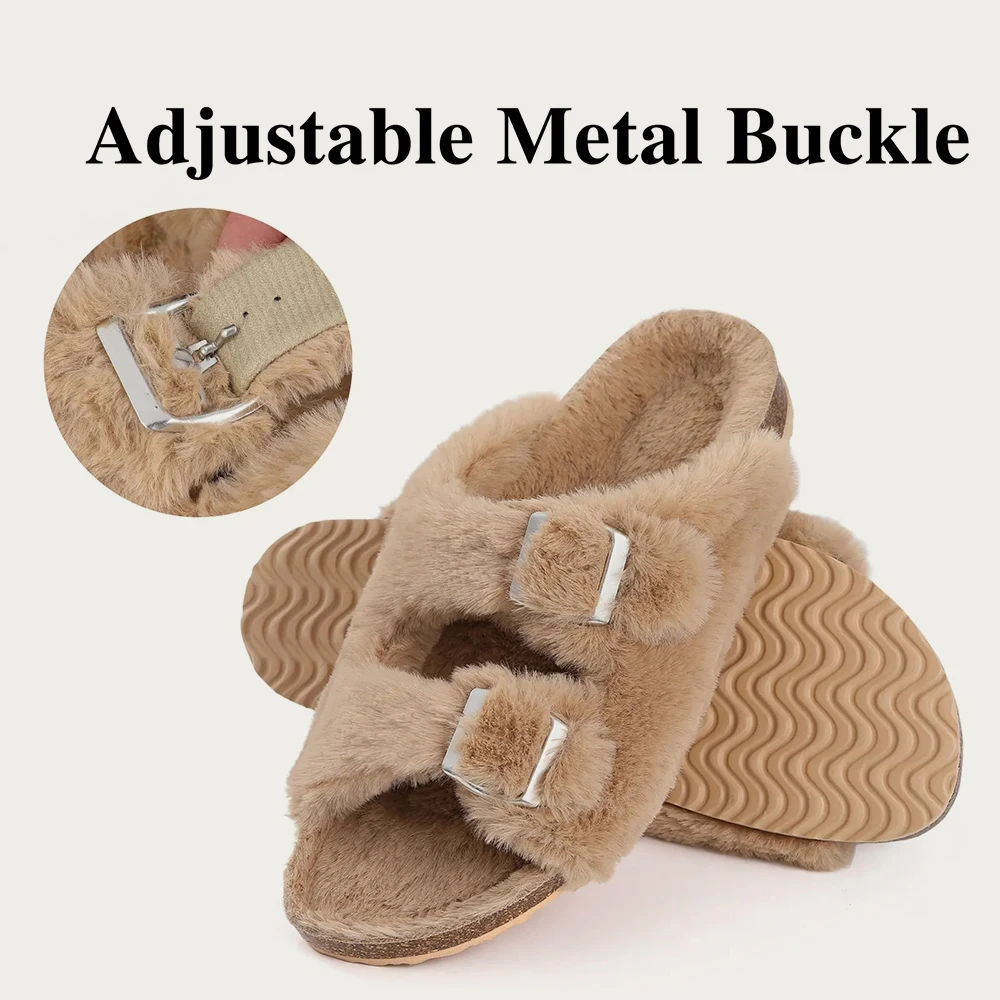 Comwarm Women's Fur Clogs Fuzzy Cork Footbed Mules Men Fashion Suede Flats Slides Comfort  Winter Suede Plush Clogs Slippers 5
