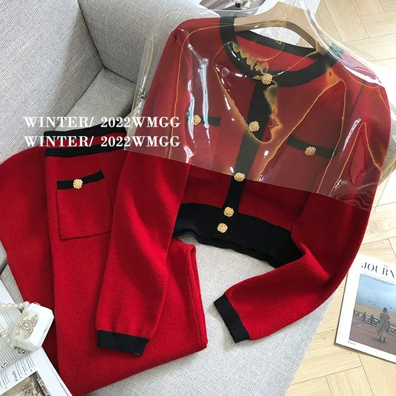 

Red Fragrant Style Knitted Cardigan, Fashionable and Versatile, New Two Piece Set, Spring and Autumn