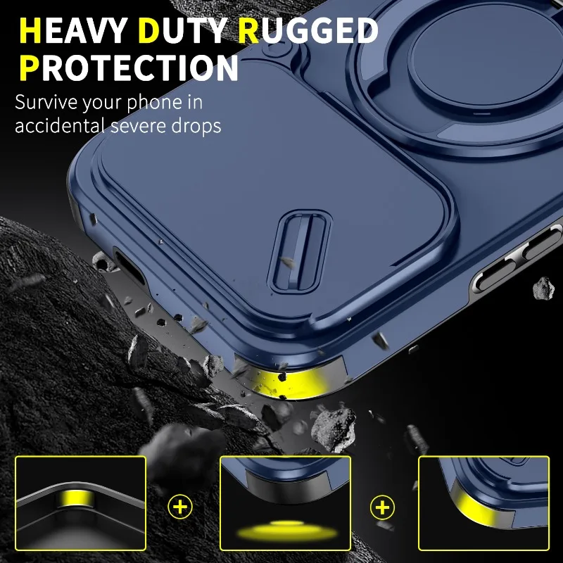 Enhanced Shockproof Hybrid Magnetic Ring Stand Phone Case with Slide Lens Armor Hard Cover