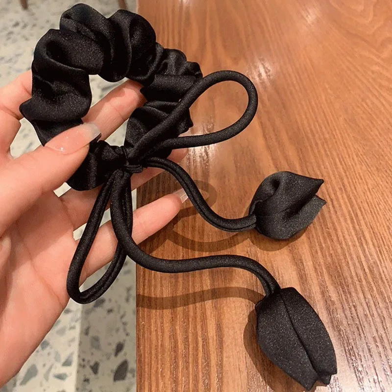 New Sweet Flower Elegant Pink Tulip Hair Rope for Women Fashion Bowknot Flower Tassels Hair Band Accessories