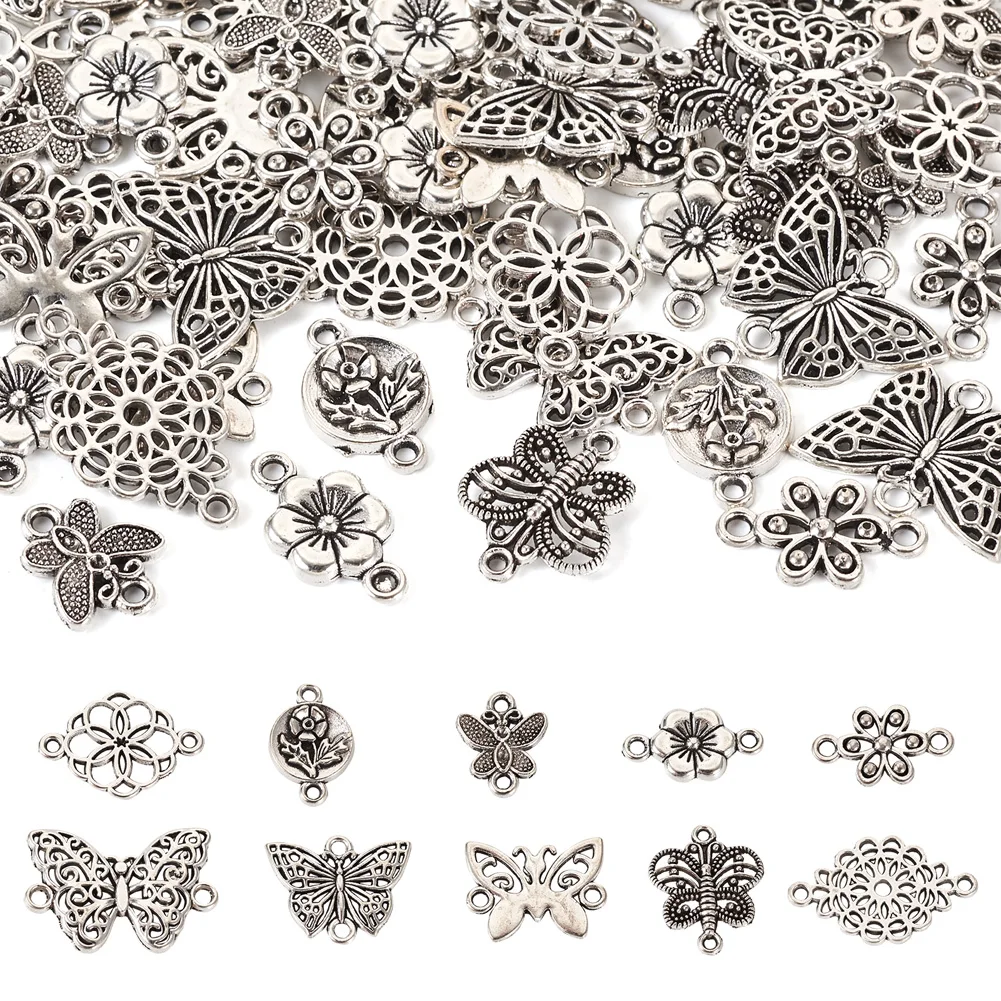 

60pcs Tibetan Silver Color Mixed Pendant Butterfly Flower Connector Link Charms for DIY Jewelry Making Bracelet Necklace Finding