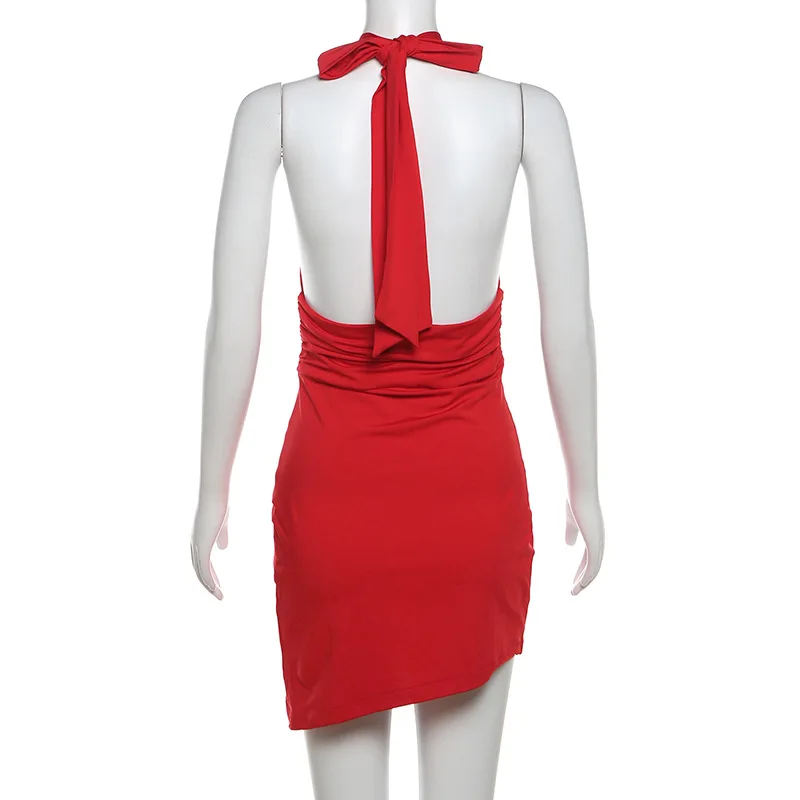 V-Neck Slim Hot Backless Mini Dress Female Bandage Solid Summer Halter Patchwork Elegant Party Dress Clothes Women Dress