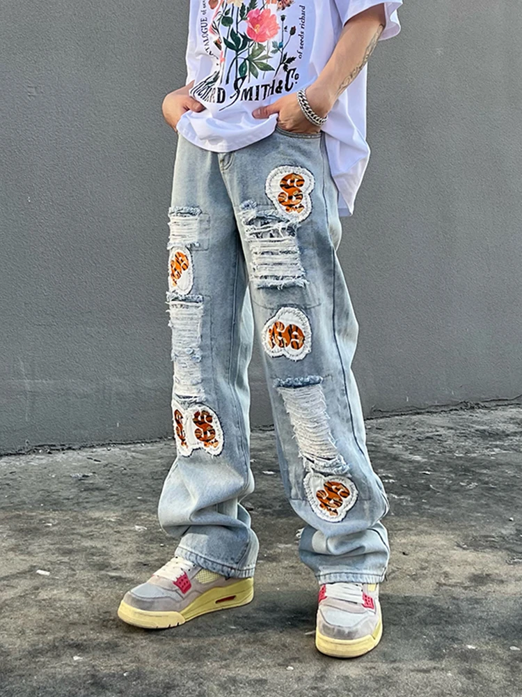 Pantalones vaqueros Y2K para Hombre, Jeans informales holgados con agujeros desgastados, ropa de calle, rasgados, rectos | - AliExpress