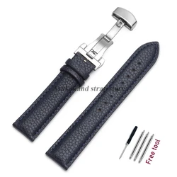 Premium Calfskin Litchi Leather Watch Strap with Butterfly Buckle - 22mm (Blue)