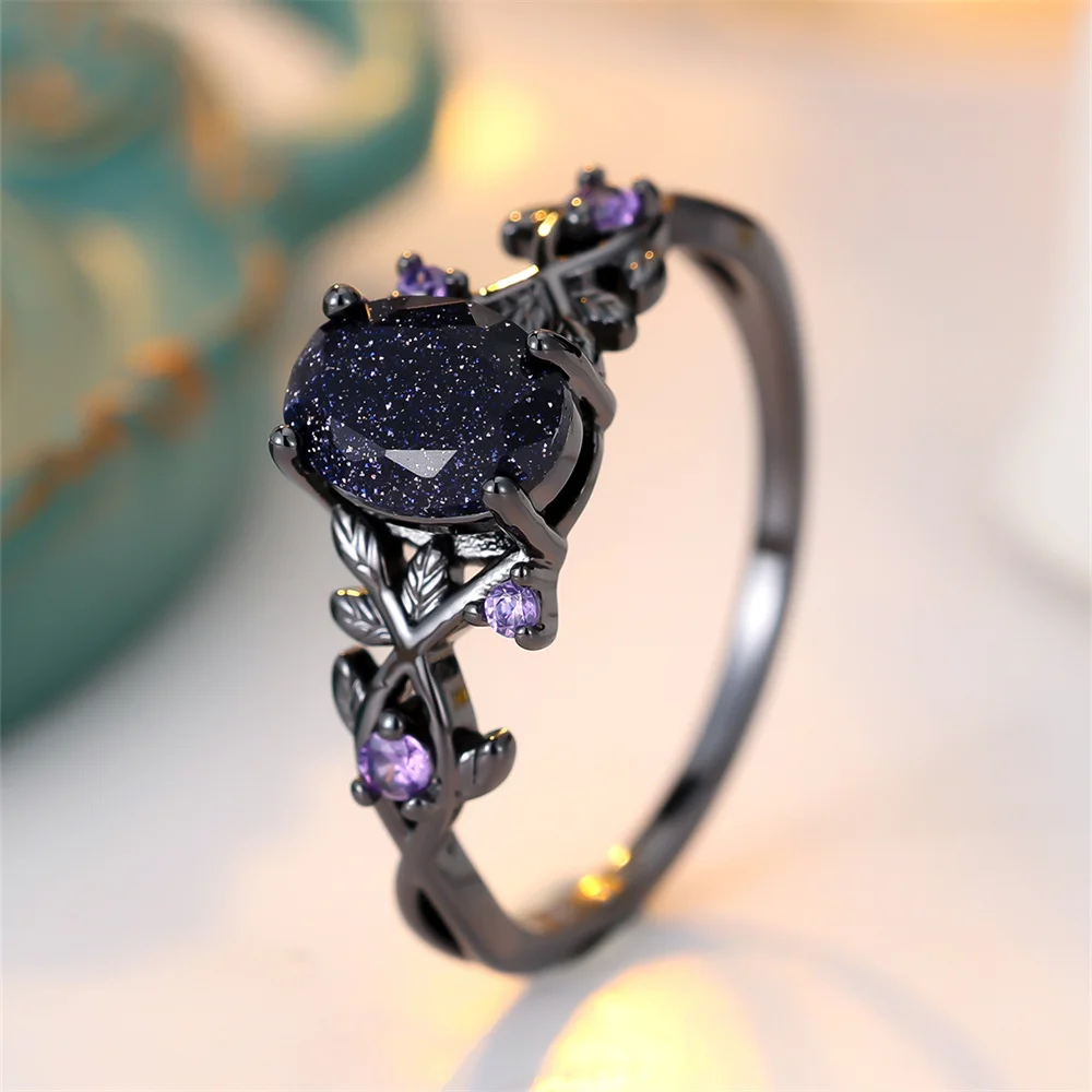 Blue Crystal Oval Stone Purple Zircon Rings For Women Vintage Black Metal Engagement Ring Wedding Jewelry Bridal Birthday Gifts