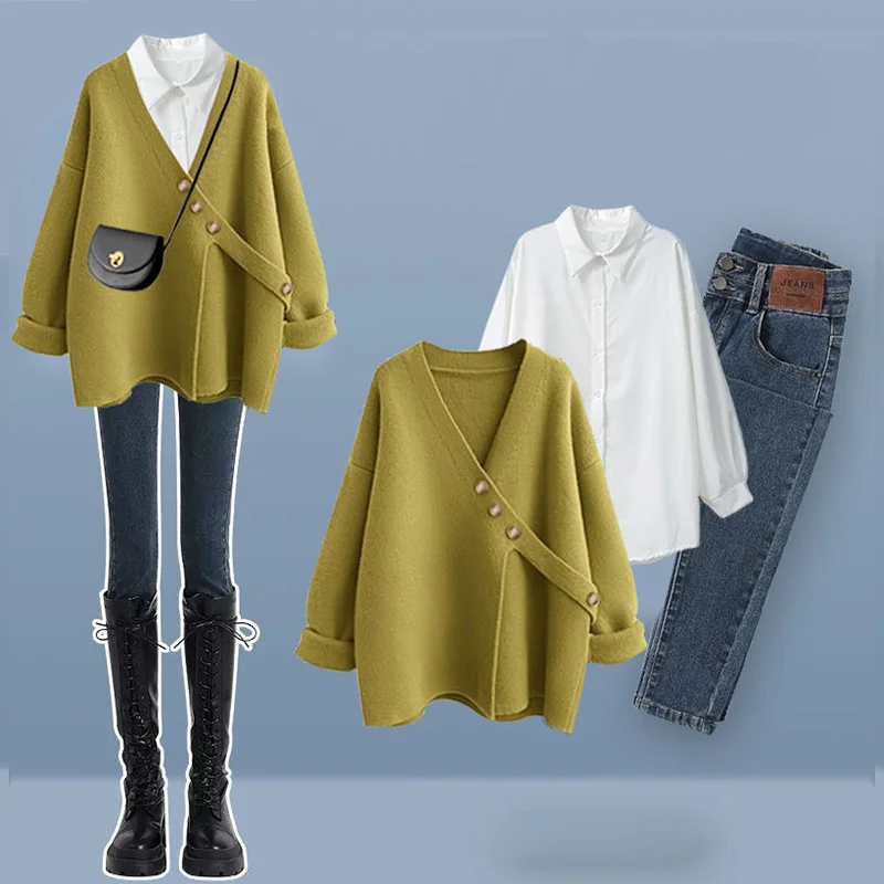 Autumn and Winter Large Women's Set 2023 New Shirt Design Sense Knitted Sweater Jeans Three Piece Set Y2k Clothes Womenpant Sets