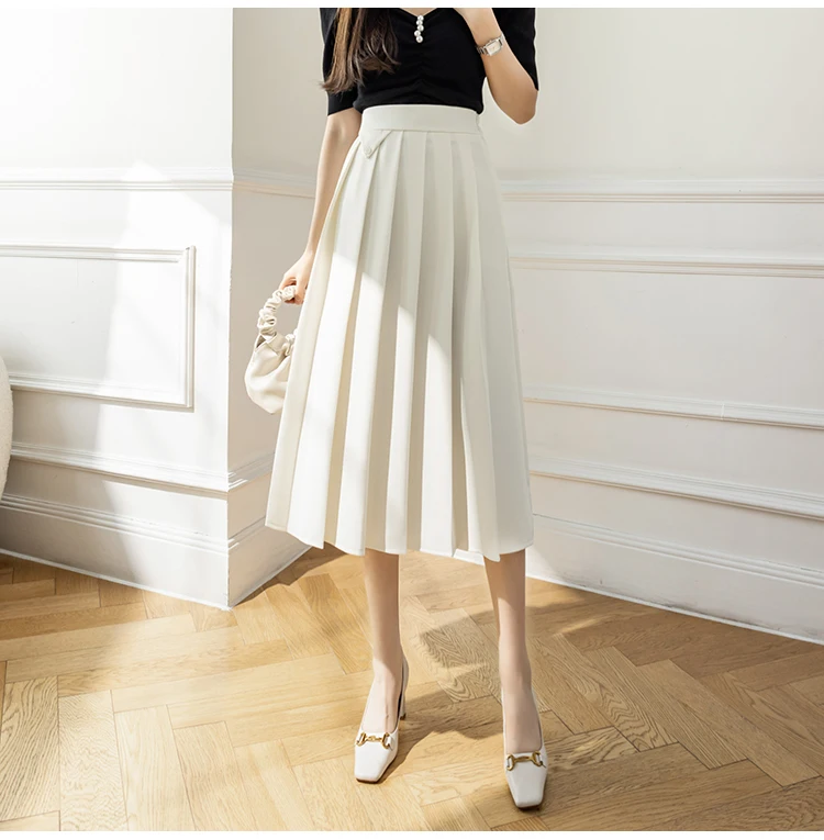 2022 Spring Summer Women's Elegant Pleated Suit Skirts High Waist Fashion Office Ladies Elastic Waist A-line Midi Skirt Vintage brown skirt