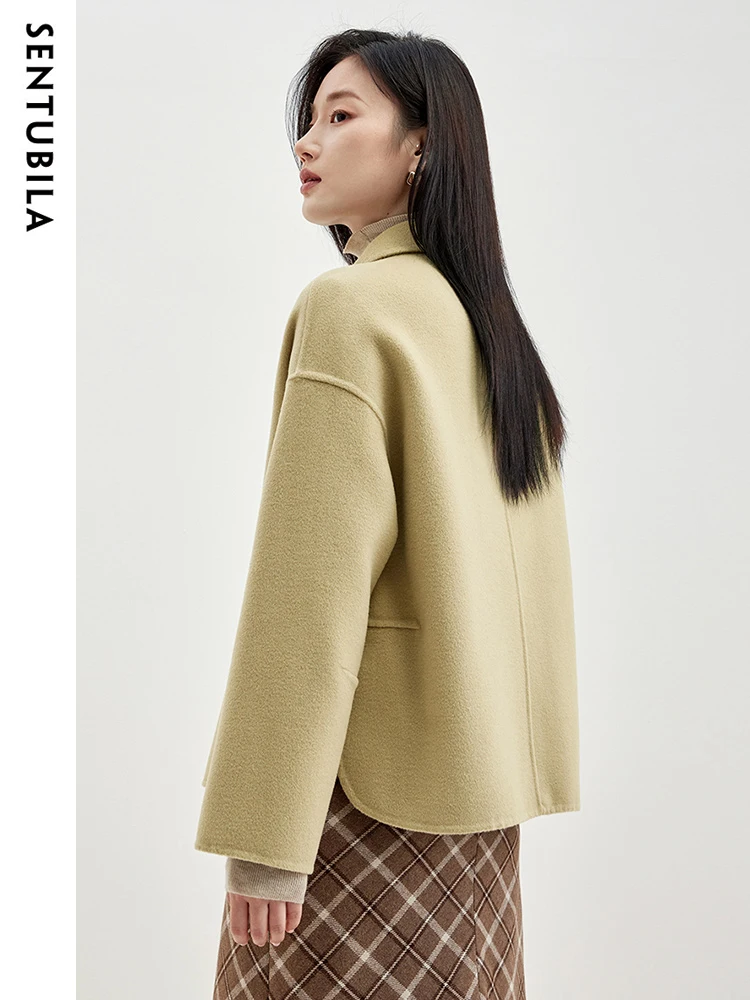 SENTUBILA 100% Wool Crop Woolen Coat Women 2023 Casual Loose Double Sided Wool Autumn Winter Short Jacket Big Pocket W34O49736