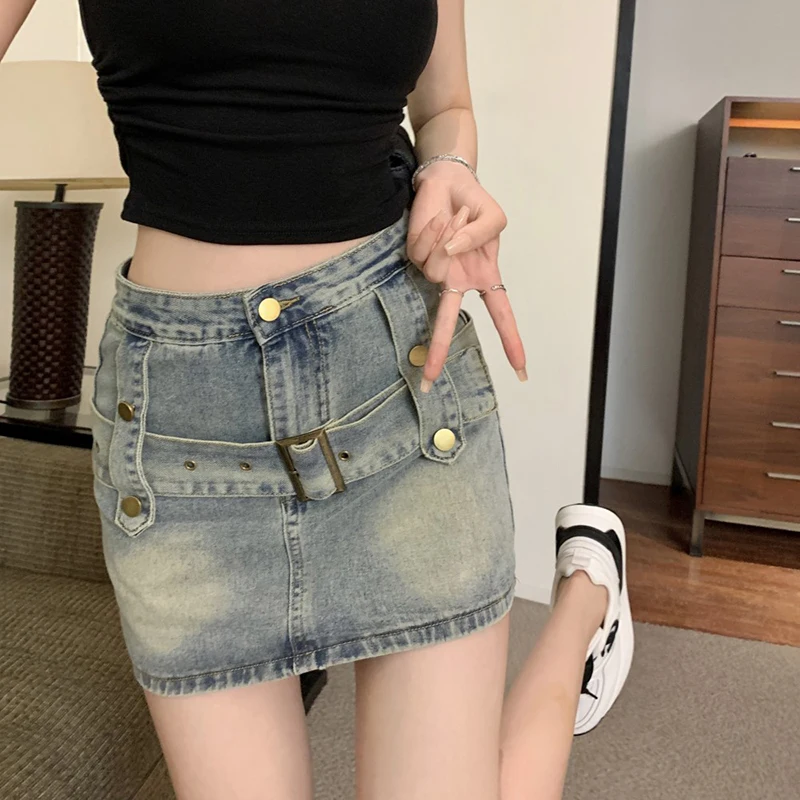 

Sexy Y2K Denim Skirts Women High Waist Belted Shorts Skirt Vintage Harajuku Jeans Slim Bodycorn Sheath Streetwear Elegant