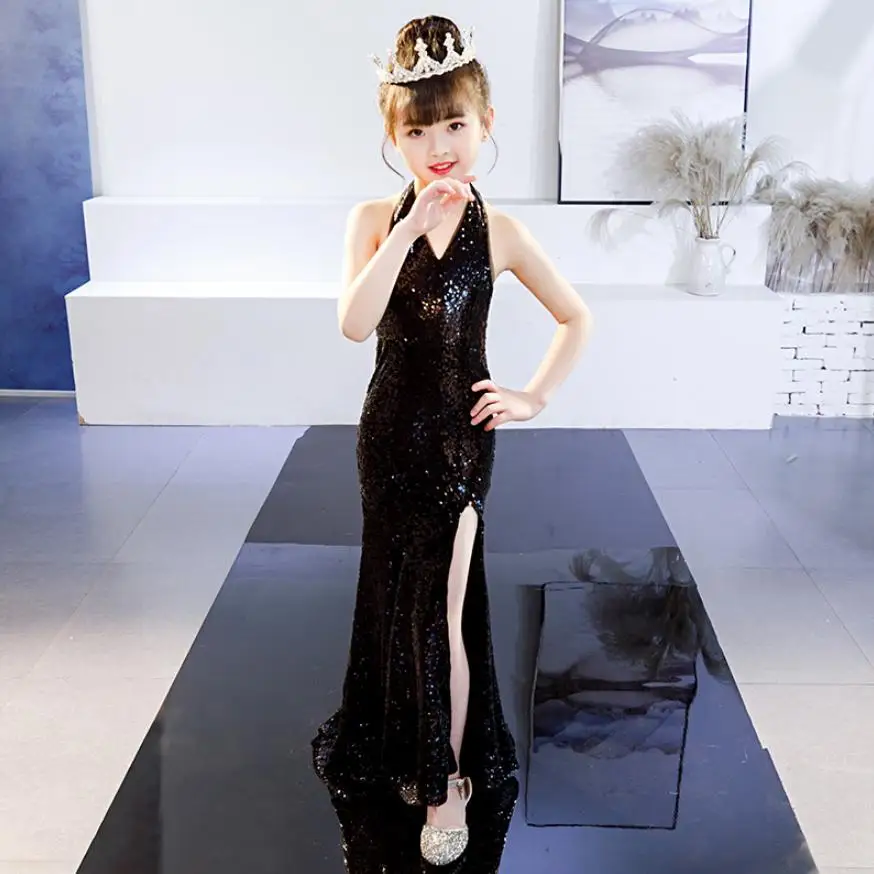 

New Children Girls Sequin Mermaid Dress First Communion Gowns Backless Flower Girl Formal Party Dress Modis Vestidos Y1536