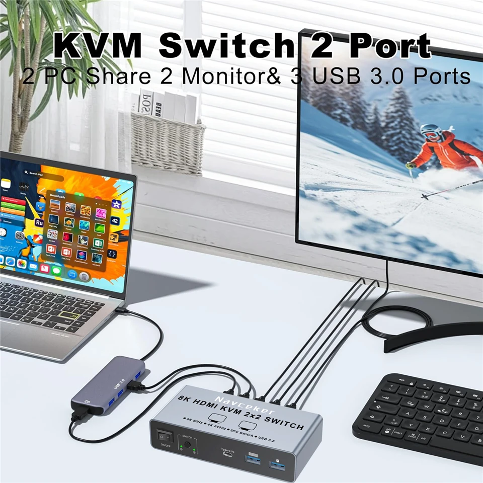 2K 240Hz HDMI KVM Switch 2 Monitors 2 PCs 4K 240Hz USB 3.0 8K Docking Station Sh