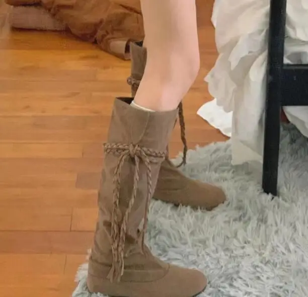 

Khaki Suede Flat Height Increasing Tassel Braided Rope Knee High Boots Women Round Toe Round Toe Tube Long Slip On Botas Shoes