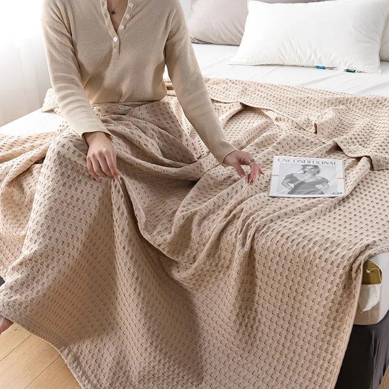 Description Picture 3 of itemSummer Waffle Plaid Cotton Bed Blanket Throw Thin Quilt Knitted Bedspread Home Hotel Coverlets Green Pink Throw Blankets