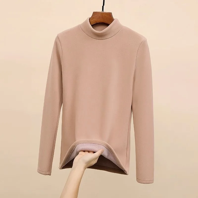 2023 Autumn/Winter New Plus Plush Thickened Half High Collar Underlay Shirt for Women with a Slim Fit Premium Warm Underwear