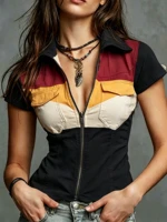 Chemise en faux denim à manches courtes pour femme, col montant, fermeture éclair sur le devant, imprimé color block, style estival éclatant sans texture 4