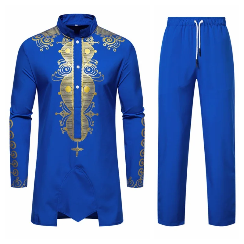 New Personality Men's Long sleeved Shirt Set with Leisure Dinner Print Design Muslim Robe Gold Plated Mid length Men's Clothing