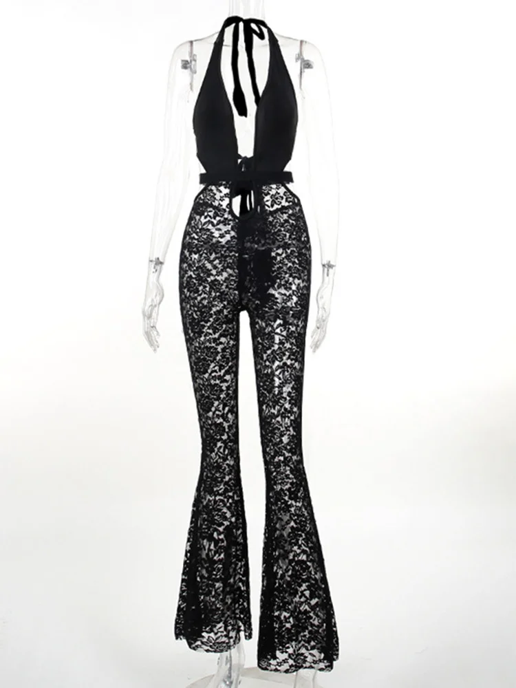 Sibybo Ladies Jumpsuit Sexy Halter Neck Lace Cutout Trousers Solid Color Slim Splice Backless Flared Pants Lady Party Costumes