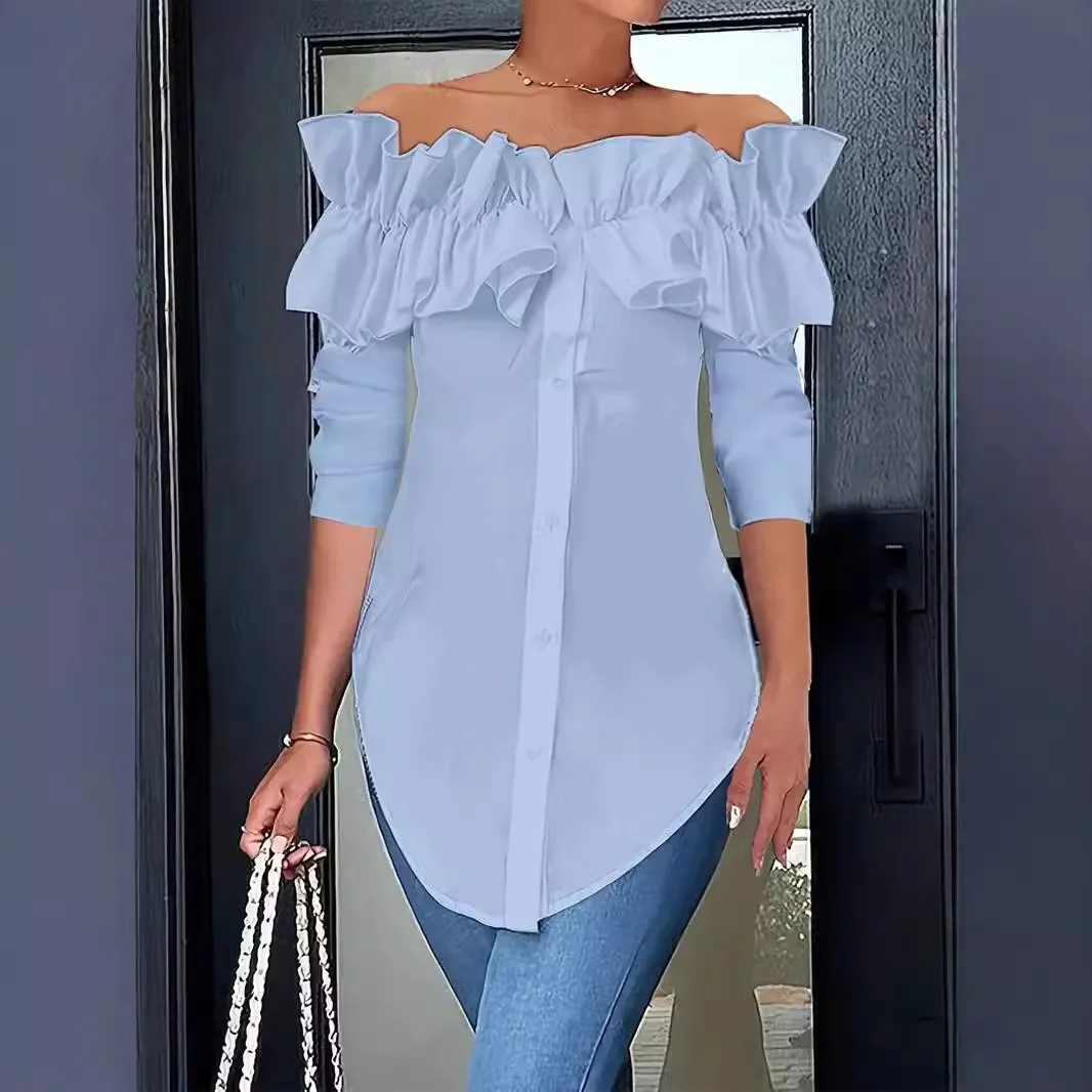 Women Long Sleeve Ruffle Button Blouse