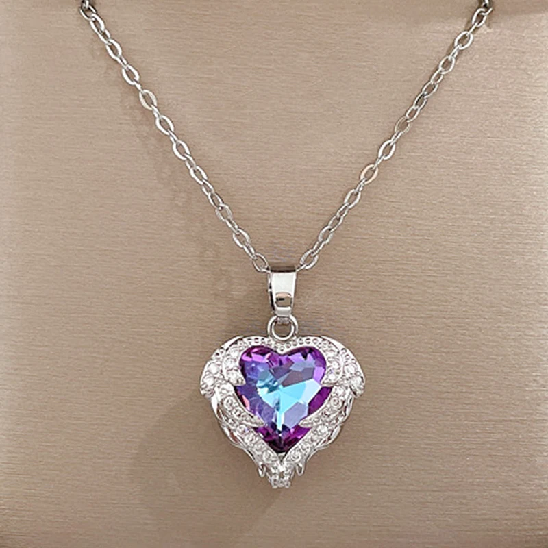 Heart Pendant Necklace for Women Rhinestone Girl siliver Stainless Steel Jewelry Chain Party Birthday Present Gift daughter |