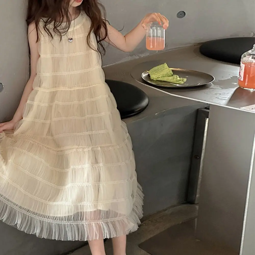 Elegant Loose Girls Princess Dress Children Beach Vacation Summer Mesh Dress Sweet Party Teens Long Dress Summer