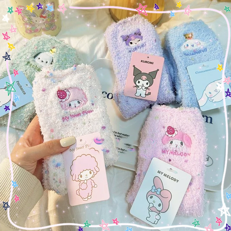 

Sanrioed Plush Socks Kawaii Home Thick Sleeping Warming Winter Cute Sweet Anime Pochacco Kuromi Cinnamoroll Girls Gift Lovely