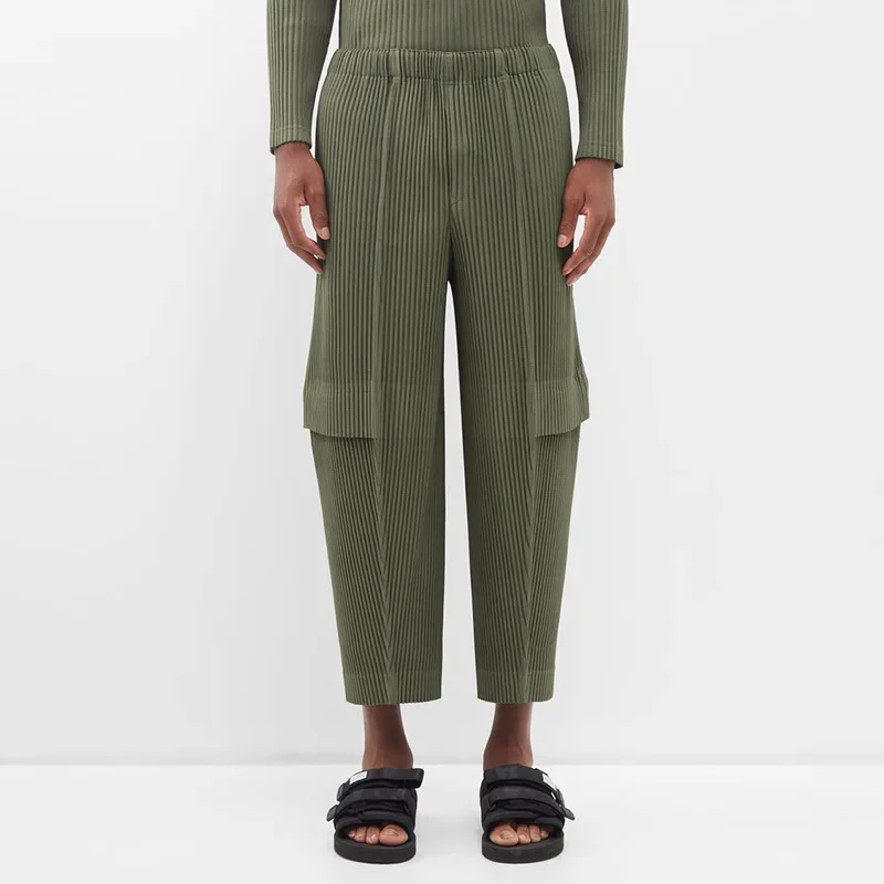 

Miyake pleated overalls men's military green nine-point pants men's four-season casual pants loose Japanese pleated pants