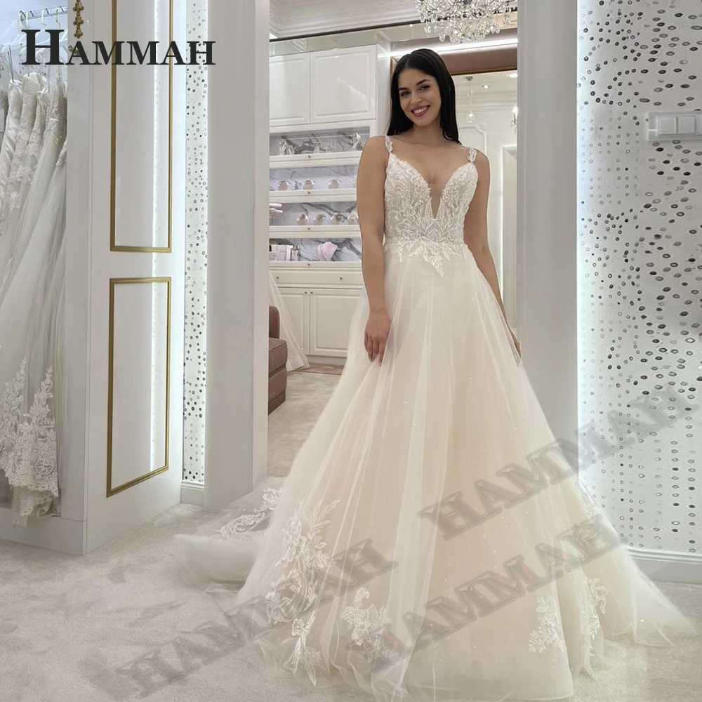 

HAMMAH A Line Sleeveless Wedding Gown For Women 2023 Bride Appliques Simple Glitter Tulle Spaghetti Strap Vestido De Casamento