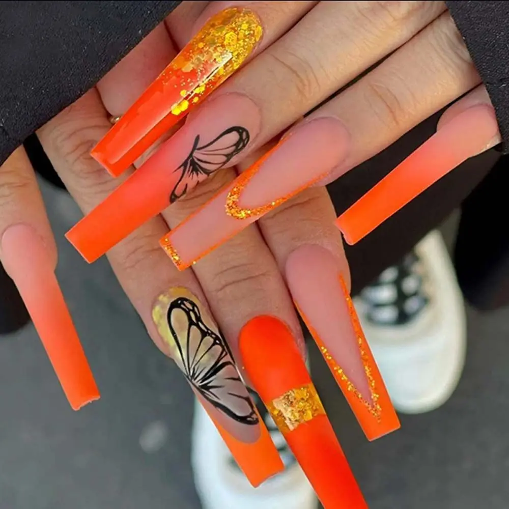 

Tip Orange Butterfly Press on nail Full Cover False Nails Ballet Fake Nails Wearable Coffin Fake Nails Nail Extension