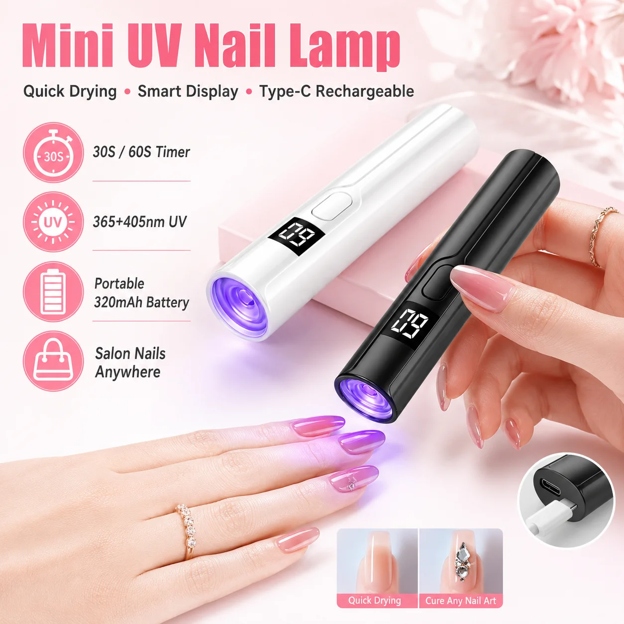 충전식 미니 UV LED 네일 램프, 스마트 디스플레이 탑재, 휴대용 빠른 건조 네일 드라이어 스탠드, 매니큐어용, 탈부착 가능한 데스크 UV 라이트