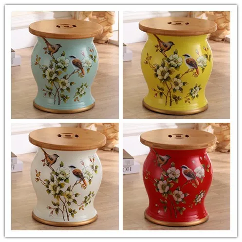 

New Product Flower And Bird Bamboo Wood Ceramic Drum Stool Home Craft Dressing Stool Shoe Changing Stool Decorative Ornaments