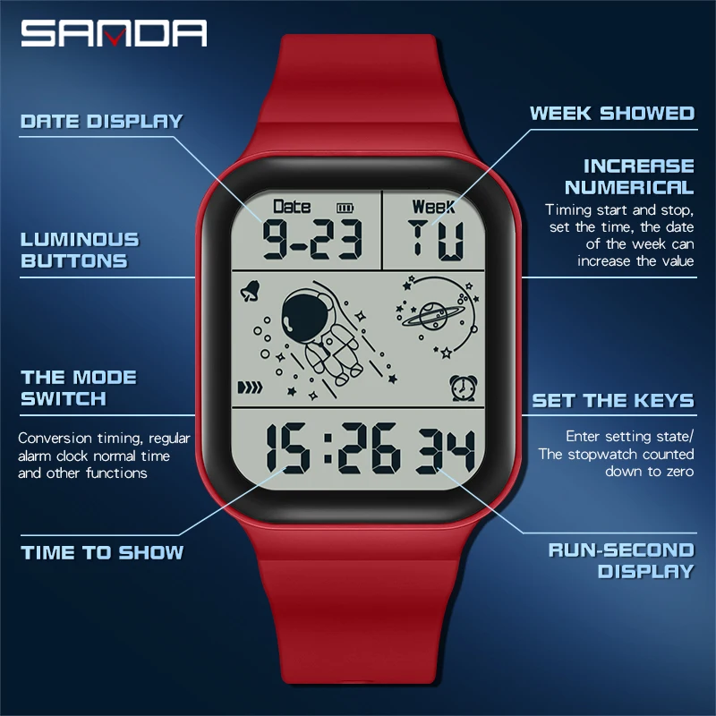 Sanda 6052 LED Display Digital Watch Square Astronaut Design Men's Women's Fashion Trend Youth Electronic Timepiece for Students 2
