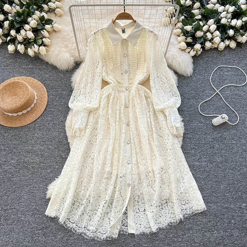 فستان الدانتيل للنساء أنيق الخصر طويلة الأكمام