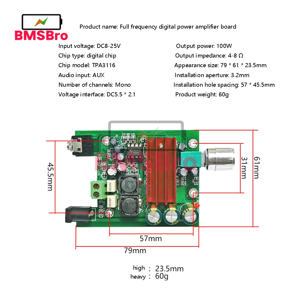 Audio Amplifier Board Operational Amplifier TPA3116D2 Subwoofer Digital Power Amplifier Board TPA3116 Amplifiers 100W Audio Module NE5532 amplifier board size: 75X60MM audio amplifier board,operational amplifier