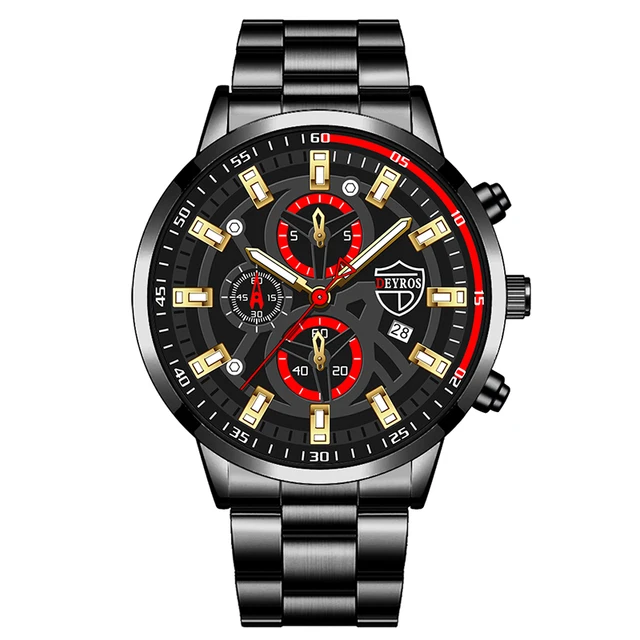 Brand Mens Watches Fashion Men Sport Stainless Steel Quartz Wristwatch Man Clock Business Casual Leather Watch relogio masculino Steel Black Red