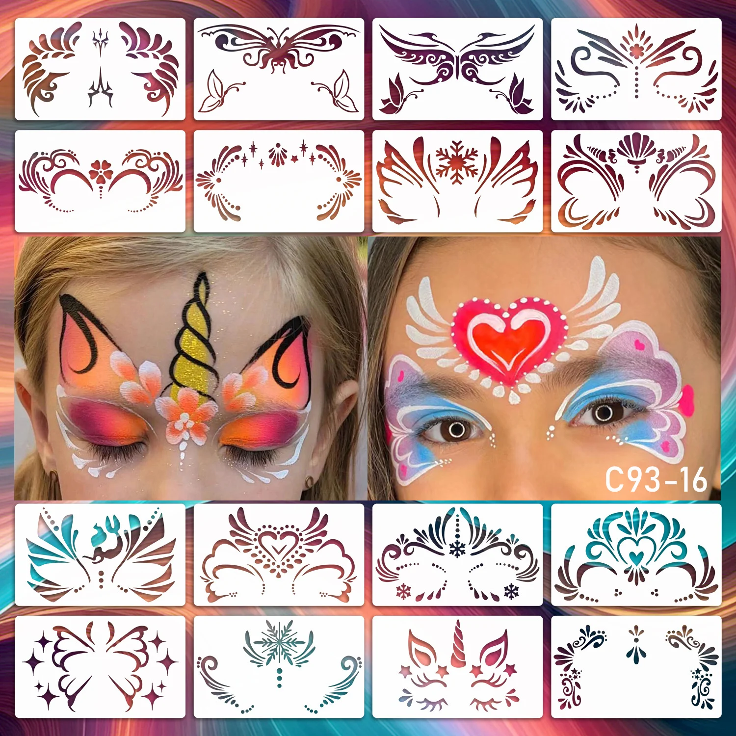 16pcs Body Eye Make Up Face Body Art Reusable Painting Stencil For Halloween Party Tattoos