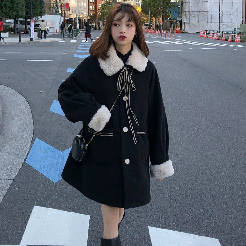 Women's Winter New Fashion Sweet and Cute New  Wool Blended Jacket Bowknot Fur Collar Warm Thickening Long Sleeve Women