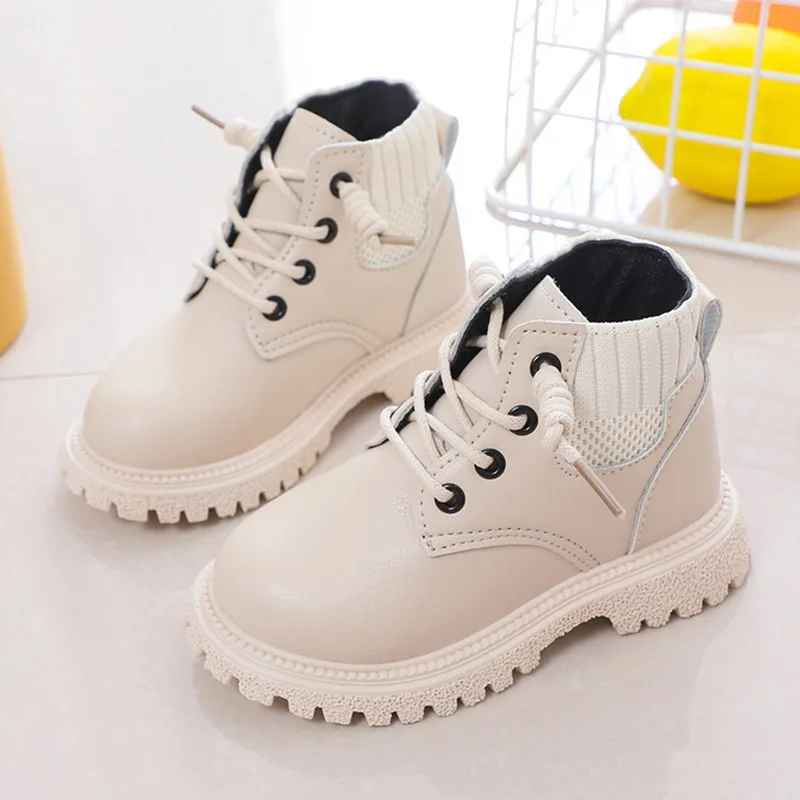 Children Sports Shoes Children Fashion Casual Shoes Autumn Lace Up Boots Girls Boys Leather Soft Antislip Boots Solid Color Breathable Shoe 21-30