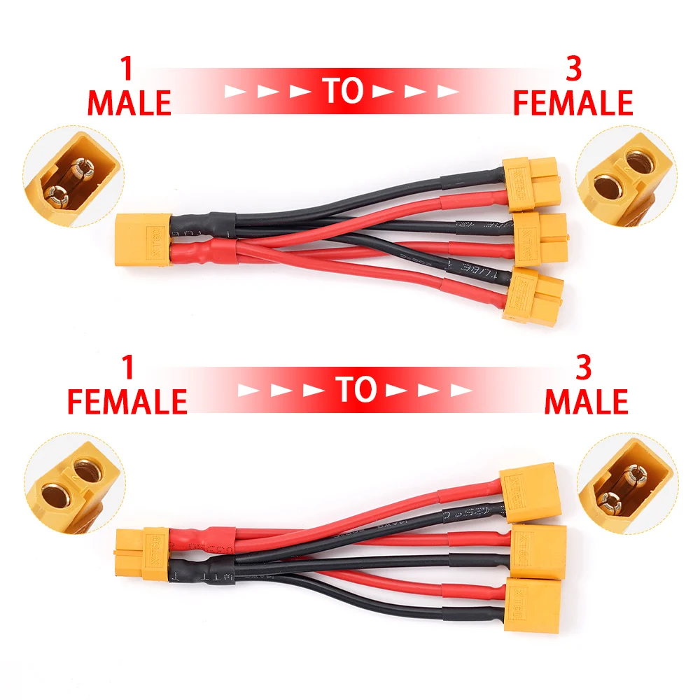 XT60 Male/Female Cable Parallel Battery Connector 1 to 3 Silicone Wire Extension Y Splitter for Battery Charger Motor 14AWG battery terminal connectors,battery connector cable,plug connectors,battery connectors,electrical connectors