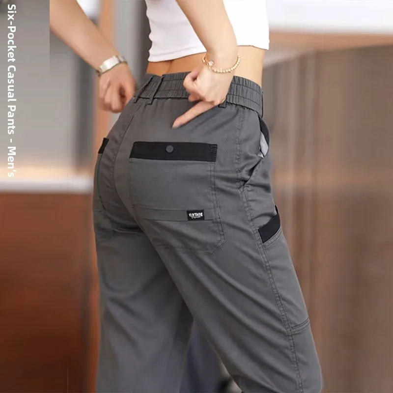 Ice Silk High Waist Thin Men's Casual Pants Six kets Faionable Trendy Straight Leg Long Trousers Breathable Summer Wear