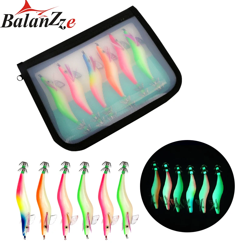 

3.0G 3.5G Squid Bait Wooden Shrimp Lead Jig Hook Fishing Octopus Lures Cuttlefish Artificial Luminous Jigging Lure With Bag 6pcs